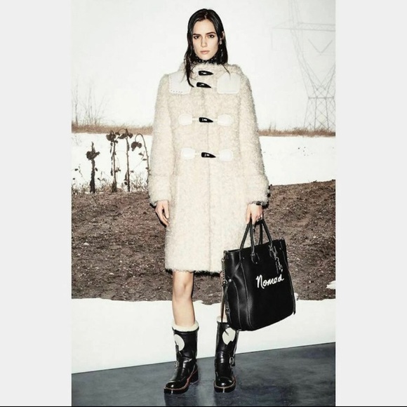 Coach ivory Mohair Faux Fur leather patch duffle coat Zippered M - Picture 1 of 16